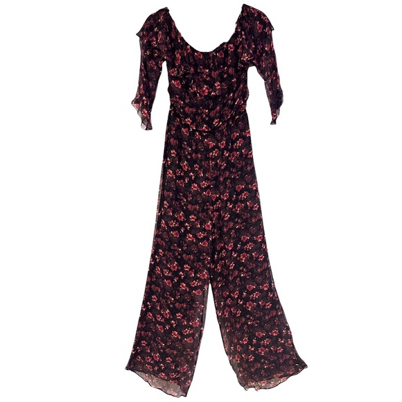 Rachel Zoe Silk Size 4 Black and Red Floral Print Jumpsuit Wide Leg Ruffled - Picture 2 of 14